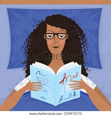 A dark-skinned woman reading in bed with purple sheets