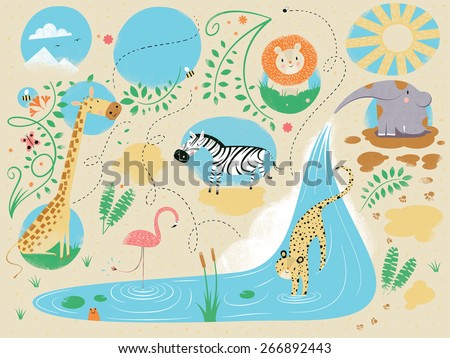 child-friendly illustration of African animals, including lion, zebra, giraffe, flamingo, elephant, leopard