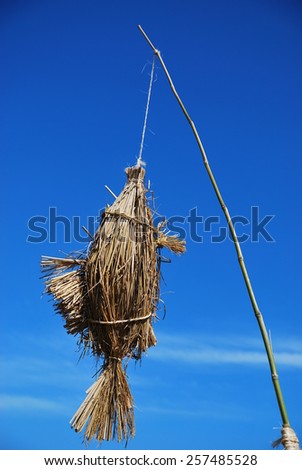 Harvest season: handmade rice straw fish as festival icon.The fish was hung on a bamboo pole, beautiful blue sky as background.