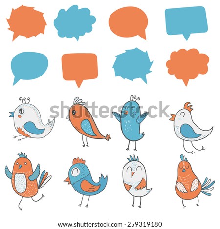 Vector set of colorful cute cartoon birds with colorful speech bubbles