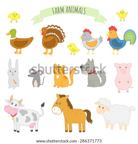 Vector illustration of farm animals: horse, cow, sheep, pig, chicken, cat, dog, duck, turkey.  Isolated characters.