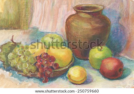 Still life with grapes and apples, gouache and pastels