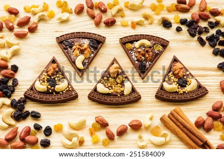Handmade chocolate pizza with raisins and nuts