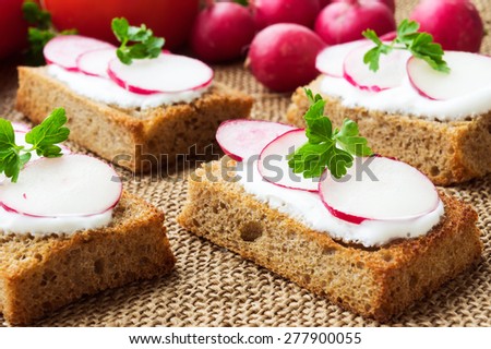Bruschetta (toasted bread) with white soft cheese and fresh radishes on sackcloth, selective focus