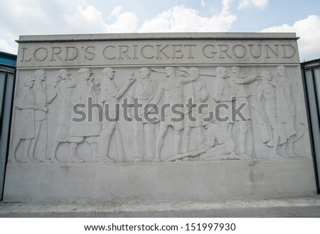LONDON, ENGLAND - JULY 18: Lords Cricket Ground sculpture In the London England suburb of St John\'s Wood on July 18,2013. Lords is the official home of the sport of cricket.
