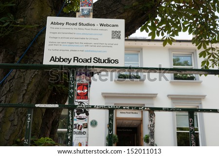 LONDON, ENGLAND - JULY 17: The webcam sign outside Abbey Road Studios in London, England on July 17,2013. The studios made famous by Beatles in 1960\'s was put up for sale in 2010.