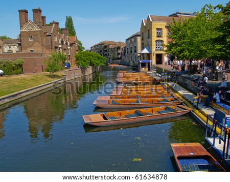 CAMBRIDGE, ENGLAND-JUNE 2009: Punts lined up on river circa June 2009 in University campus Cambridge England. The river and punting are traditional aspect of the university and a tourism attraction.