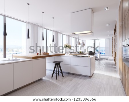 White corner kitchen in contemporary style, with bar top and black chairs. Suspended lamps and square hood, panoramic windows and dining area. 3d rendering