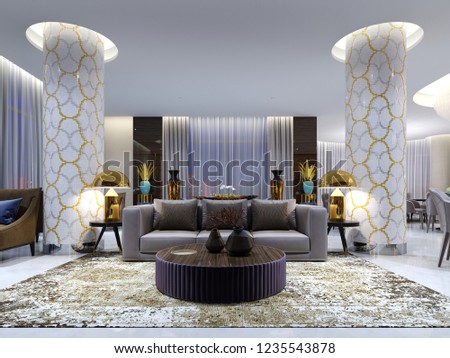 Reception and lounge area in hotel, Luxury sofa with two armchair with side tables with golden lamps and coffee table. 3d rendering