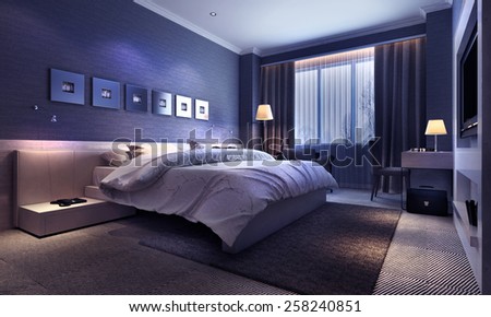 Bedroom interior, evening lighting. 3d images