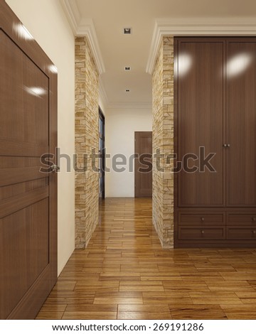 Contemporary hallway with rear doors. 3D render