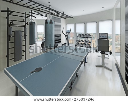 Tennis table in spacious gym. 3d render