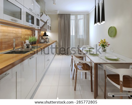 The bright, modern kitchen with kitchen furniture and kitchen table. 3d render.