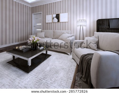 The bright living room of contemporary design. Beige sofa with armchair and striped wallpaper. 3d render.