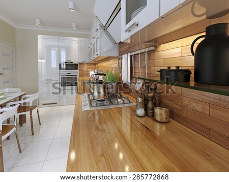 The wooden kitchen worktop with kitchen accessories. 3d render.