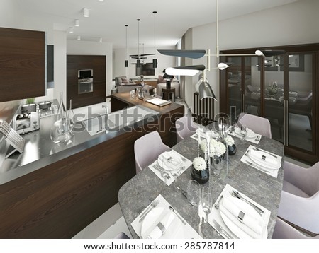 Modern dining room and kitchen. Beautiful modern furniture has soft colors, brown, beige and gray. 3d render.
