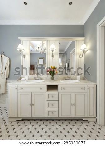 Design a bathroom in the art deco style with Vanites and bath. 3d render.