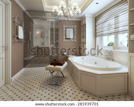 Most classic bathroom in beige, brown and white tones. 3d render.