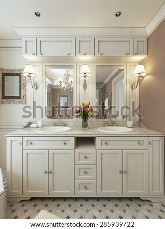 The classic design of the furniture in the bathroom in beige tones. 3d render.