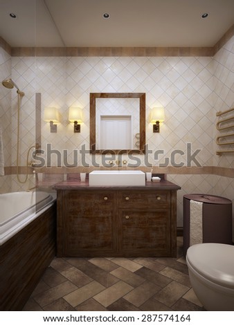 Classical bathroom with wood furniture and walls in beige tile. 3d render.
