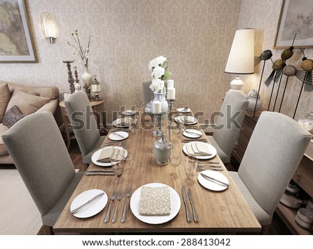 Served dinner table for six people, in Art Nouveau design. 3D render.