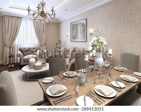 Beautiful served table in the dining room for six people. In the classical style. 3d render.
