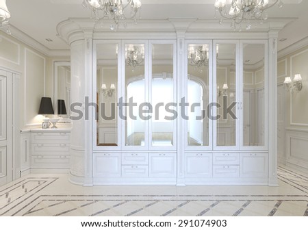The entrance hall with a large white wardrobe with mirror and a chest of drawers for shoes, art nouveau. 3D render.