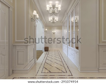 A long corridor with a wardrobe with mirrors in a classic style. The white and beige. 3D render.