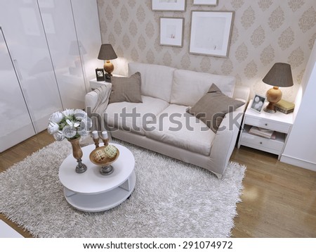 Living in a modern art deco style, with a beige sofa, two bedside tables and a coffee table. 3D rendnr.