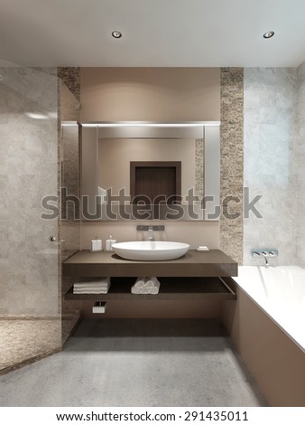 Modern console with sink, in the bathroom. Brown veneered wood. Contemporary in style. 3D render.
