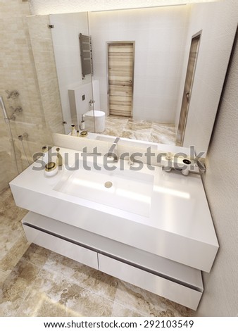 Modern bathroom in 5 star hotel. Luxurious design in white and yellow colors. 3D render.