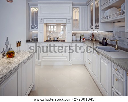 Luxury white kitchen with a classic style. 3D render.