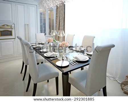The dining room and kitchen in the style of art deco. With the laid table. White and black furniture. 3D render.