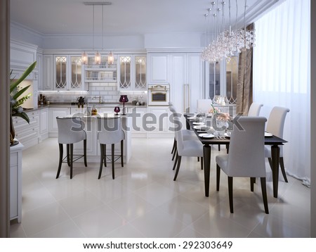 White kitchen with dining table in the Arab style 3D render White kitchen with dining table in the Arab style 3D render