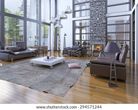 High ceiling living room with fireplare. Modern interior with panoramic windows and lether furniture. Stone chimney fits perfectly into the interior of the room. 3D render