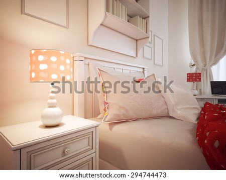 Pillows on a bed of hotel room. Upholstered bed with pillows and a red blanket. Classic table lamp with shade. 3D render