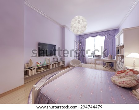 bedroom in classic style. Large bed for a good sleep. Room combines the living and working area as perfect. Bright interior. 3D render.