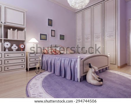 Art deco cozy bedroom idea. Spacious room with purple walls, a large wardrobe, a large bed and a round rug is perfect for teen girls. 3d render
