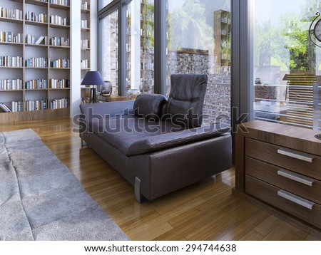 A modern lether sofa and lamp on wooden floor. Home library design in a modern house with panoramic windows. 3D render