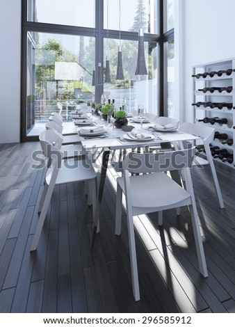 Modern dining room design with wine rack. Served table with white furniture and parquet gray. The wine rack and large panoramic windows. 3D render