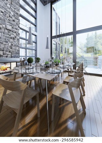 Bright design of dining with panoramic windows. 3D render