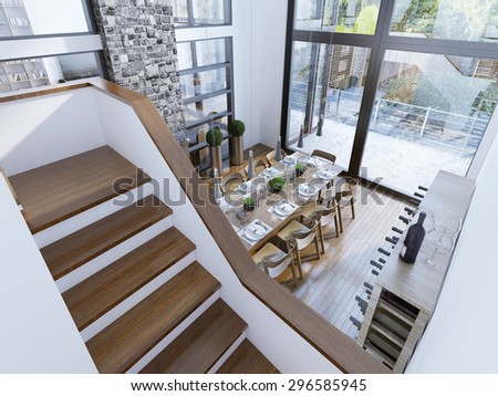 Top view of a modern dining room design. Spacious room with two-story paronamnymi windows, a fireplace with a stone chimney and a wine bar. 3D render