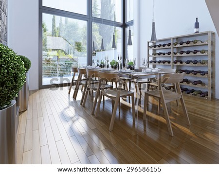 Design of dining room with brown furniture. A dining with a high ceiling and panoramic windows provide a good view. 3D render