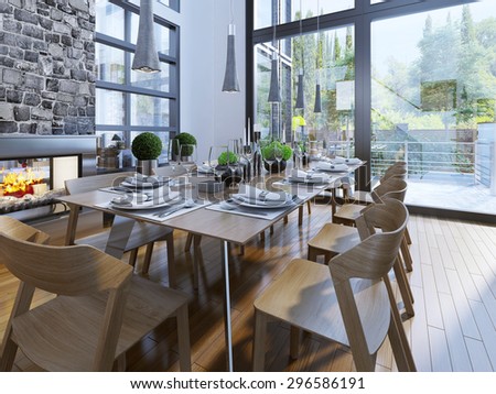 Well decorated table in a room with large windows and a cozy fireplace. Dining room furniture brown, as well as flooring. The main contrast appear white walls and large panoramic windows. 3D render
