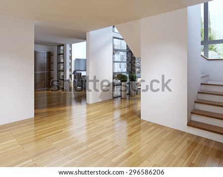 Bright modern corridor with stairs. Corridor with access to the dining room and living room, staircase to the second floor. The white walls and light parquet floors. Modern architecture. 3D render