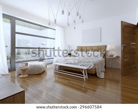 Bright bedroom contemporary style.  Beautiful spacious bedroom in the cottage house. A private bathroom and a balcony with a view. 3D render