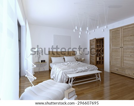 Bedroom modern style. There is enough space beside the bed for nightstands and ample circulation so you can access three sides of the mattress. 3D render
