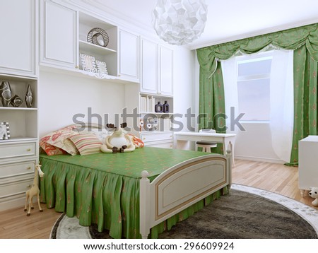 Bedroom art deco style. The childrenÃ?Â¢??s bedroom, with it light and airy outlook, are furnished with easy-care and practical finishes. 3D render