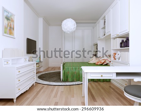 Bright bedroom art deco style. Impressive spacious bedroom to implement all excellent ideas for teenagers. Bright colors cheer up and energize the whole day. 3D render