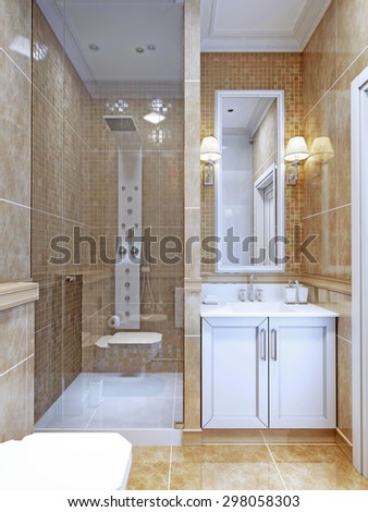 Design of modern bathroom. The combination of natural marble tiles and a small mosaic in the shower and around the mirror. Cosy modern design bathroom with limited space. 3D render